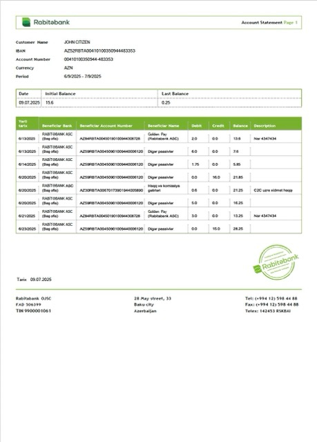 Download Azerbaijan Rabitəbank account statement word